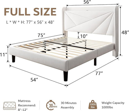 iPormis Full Size Bed Frame with Charging Station, Velvet Platform Bed Frame with Wingback Upholstered Headboard, Solid Wood Slats Support, No Box Spring Needed, Easy Assembly, White