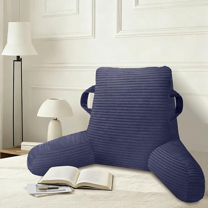 ABROLOY Reading Pillow for Sitting in Bed Adult, Bed Reading Pillow with Shredded Memory Foam, Back Pillow for Sitting with Arms and Pockets, Deepblue