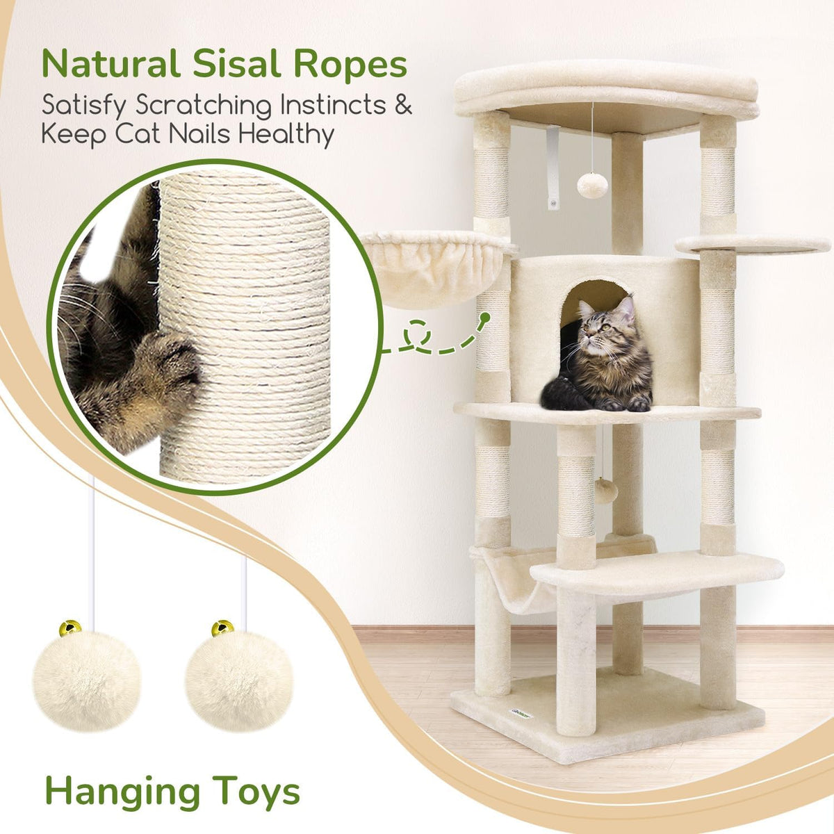 Globlazer Corner Cat Tree, 51in Curved Series Modern Cat Tower for Indoor Cats with Hammock, 7 Sisal Scratching Posts, Large Fan-Shaped Platform for Large Cats, Cat Condo & Hanging Basket, C51, Beige