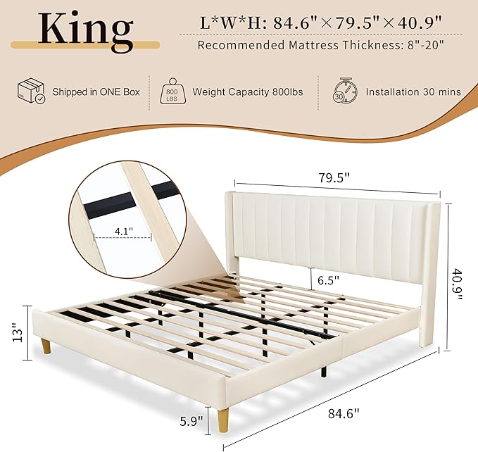 King Size Upholstered Platform Bed Frame with Modern Wingback & Vertical Panel Headboard, Velvet Fabric, Wooden Legs & Slats Support, No Box Spring Needed, Noise-Free & Easy Assembly, Cream