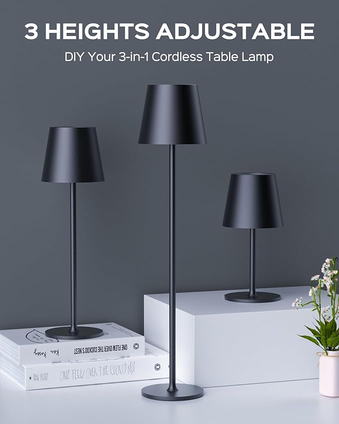 JACKYLED Cordless Table Lamps Rechargeable, 3 Adjustable Height, 5000mAh Battery Operated, 3 Colors Smooth Dimming, Portable LED Waterproof Table Lamp for Dining, Bedroom, Outdoor (2 Pack)