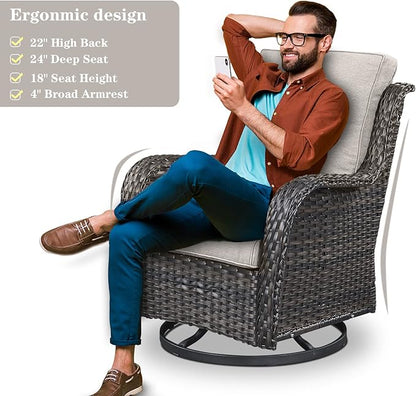 Belord Outdoor Wicker Furniture Patio Set - 7 Piece Backyard Furniture Brown Rattan Conversation Sets with Swivel Rocker Chairs, Rattan Sofa, Club Chairs and Coffee Table, Beige Cushion