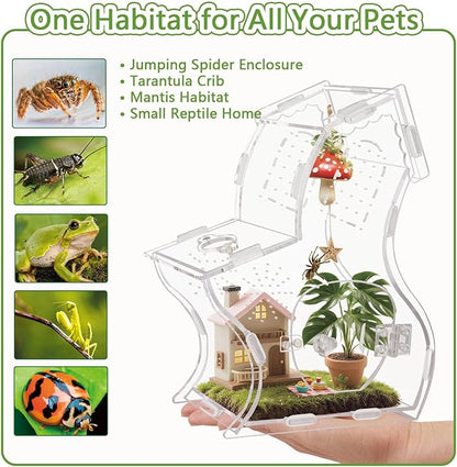 Premium 3mm Acrylic Terrarium for Jumping Spiders & Tarantulas | 5.9"x9.4"x3.5" Tall Arboreal Enclosure with Magnetic Doors & 1mm Micro-Vents | Escape-Proof Habitat for Mantis, Reptiles, Frogs