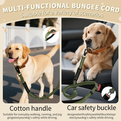 Heavy Duty Tactical Bungee Dog Leash, 4-6FT Shock Absorbing Tactical Dog Leash with 2 Padded Handles, Metal Carabiner Clip, Car Seatbelt, Reflective for Medium Large Dogs (ArmyGreen)