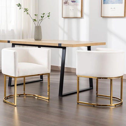 VESCASA Velvet Upholstered Dining Chairs with Barrel Back, Mid Century Modern Padded Restaurant Chairs with Gold Metal Frame for Kitchen, Dining Room, Set of 3, White