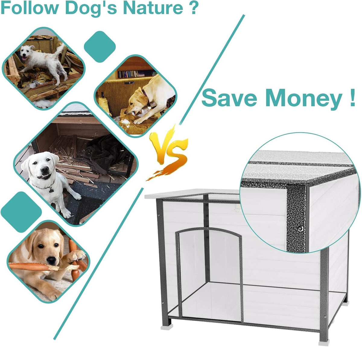 Indoor Outdoor Dog House,Anti-Chewing Iron Frame Dog Kennel,Wood Warm Pets Home,Weatherproof Outside Shelter
