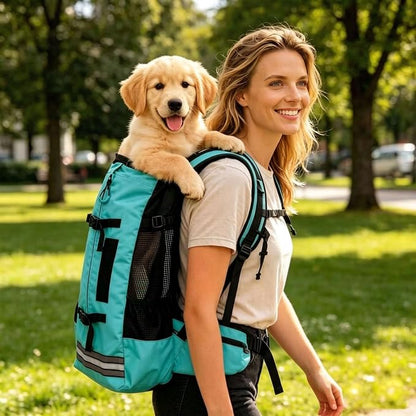 Big Dog Backpack Carrier, Green-M | Extra Large Pet Carrier for 66lbs Dogs, Fully Adjustable Water-Resistant Dog Travel Bag for Hiking Cycling Outdoor Adventures