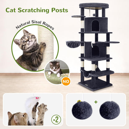 Globlazer Corner Cat Tree for Large Cats, 66inch Tall Curved Series Large Cat Tower for Multiple Indoor Cats with 6 Scratching Posts, 2 Spacious Cat Condos, Hammock, Hanging Basket, C66, Dark Grey