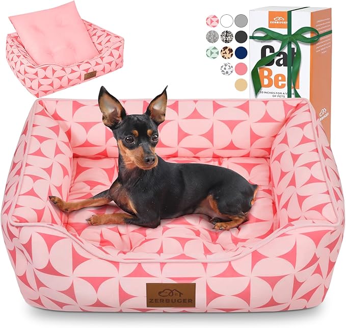 Rectangle Cat Dog Bed for Large Medium Small Pets Indoor Outdoor Machine Washable Sleeping Sofa Non-Slip Bottom Soft Puppy Bed Durable Orthopedic Calming Pet Cuddler (Medium, Pink Pattern)