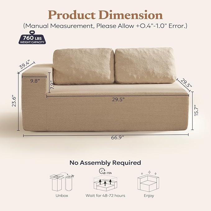 Loveseat Sofa, Cloud Modular Sofa Couch, Upholstered Floor Sofa with Deep Seat, Upholstered Foam Couch for Bedroom Living Room, No Assembly Required (Teddy Boucle, Camel)