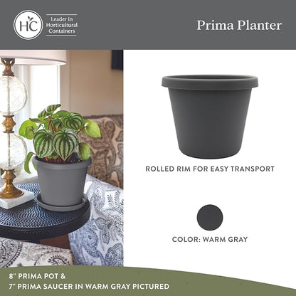 The HC Companies Prima Round Plastic Plant Pot w/Rolled Rim - Lightweight & UV Resistant Flower Pot for Herbs & More - Outdoor & Indoor Plant Pots w/Drainage (8 inch, Warm Gray, Pack of 1)