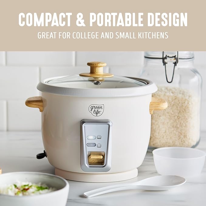 GreenLife Rice Cooker with Removable PFAS-Free Ceramic Nonstick Pot, 3-Cups