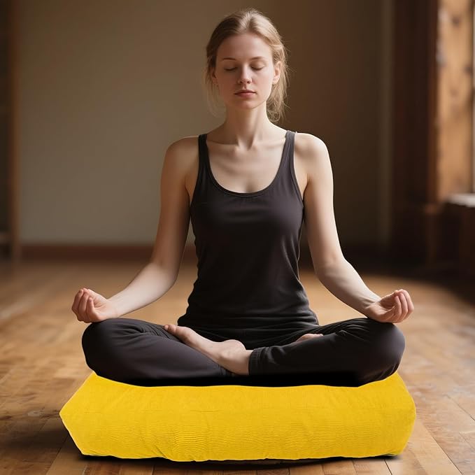 Meditation Floor Pillow Set of 2, Square Large Pillows Seating for Adults, Tufted Corduroy Cushion for Tatami Living Room, 22x22 Inch FP-Yellow