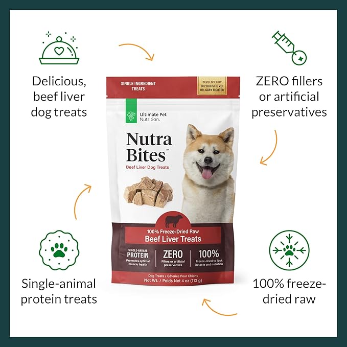 ULTIMATE PET NUTRITION Nutra Bites Freeze Dried Raw Single Ingredient Training Treats Food Topper for Dogs, 4 Ounces, Beef Liver
