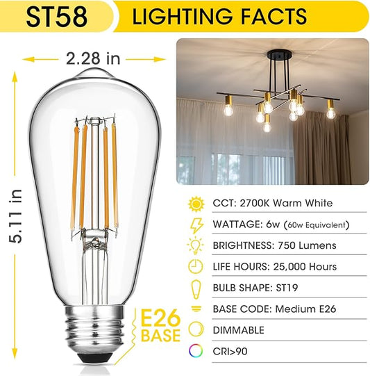 Vintage LED Edison Bulbs 6W, Equivalent 60W Incandescent, Warm White 2700K, ST58 Antique LED Filament Bulbs with 90+ CRI, E26 Medium Base,Dimmable, Clear Glass, Pack of 6