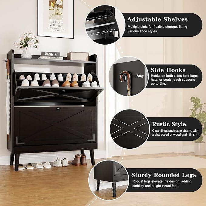Shoe Storage Cabinet with 2 Flip Drawers & Adjustable Shelves, Freestanding