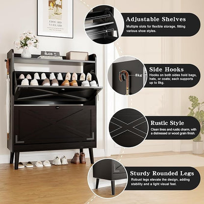 Shoe Storage Cabinet with 2 Flip Drawers & Adjustable Shelves, Freestanding