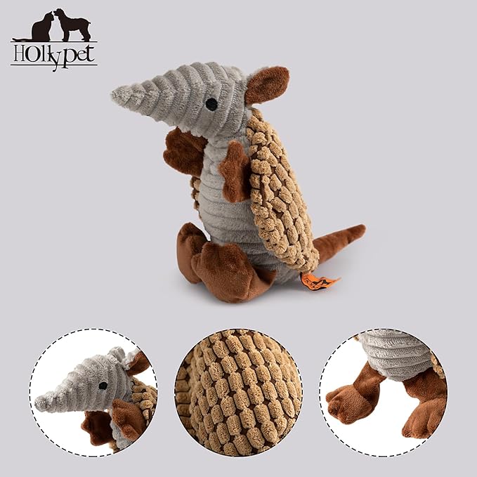 Hollypet Plush Dog Squeaky Toy Stuffed Armadillo Animal Pet Puppy Chew Toys with Clean Teeth for Small Medium Large All Breed Sizes Dogs, Light Brown, 10 in