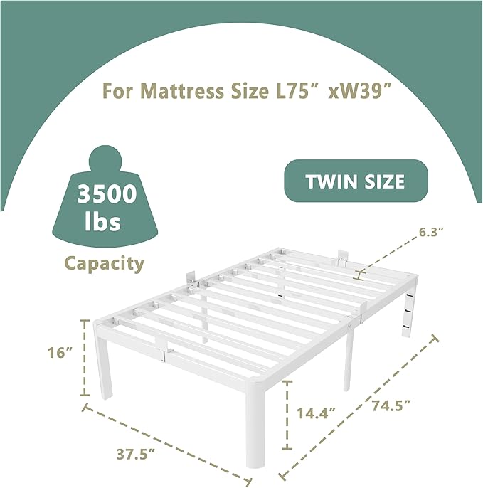 ITIMIDI 16 Inch White Twin Bed Frames No Box Spring Need, Metal Platform Bed Frame Twin Size, Heavy Duty Steel Support 3500 LBS, Noise Free, Easy Assembly