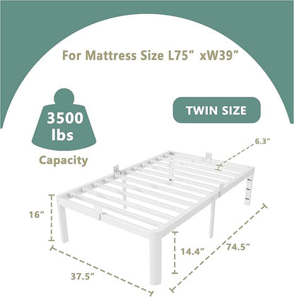 ITIMIDI 16 Inch White Twin Bed Frames No Box Spring Need, Metal Platform Bed Frame Twin Size, Heavy Duty Steel Support 3500 LBS, Noise Free, Easy Assembly