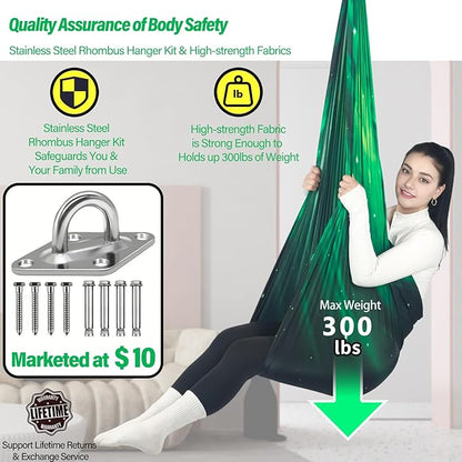 Sensory Swing for Kids Holds up to 300lbs Indoor & Outdoor Therapy Cuddle Swing with Hammock Hooks Hanger Kit for Calming, Effect for Autism, ADHD or SPD. (Space Green)