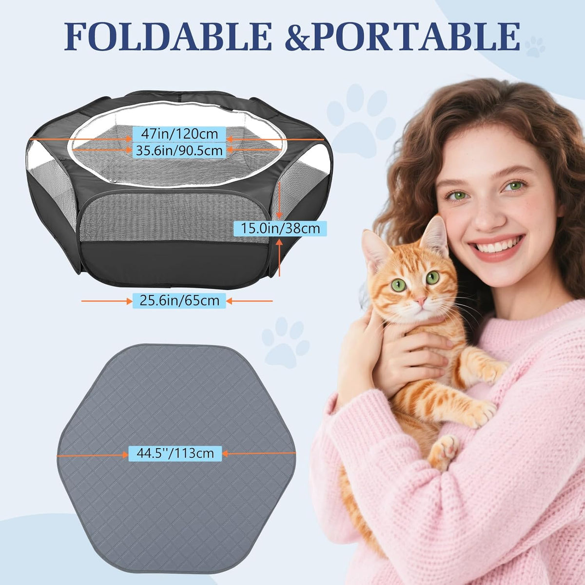 2-in-1 Small Animals Playpen with Pad, Waterproof Small Pet Cage Tent with Reusable Pad, Portable Outdoor Yard Fence with 3 Metal Rod for Chick/Kitten/Puppy/Guinea Pig/Rabbits/Chinchillas, Black