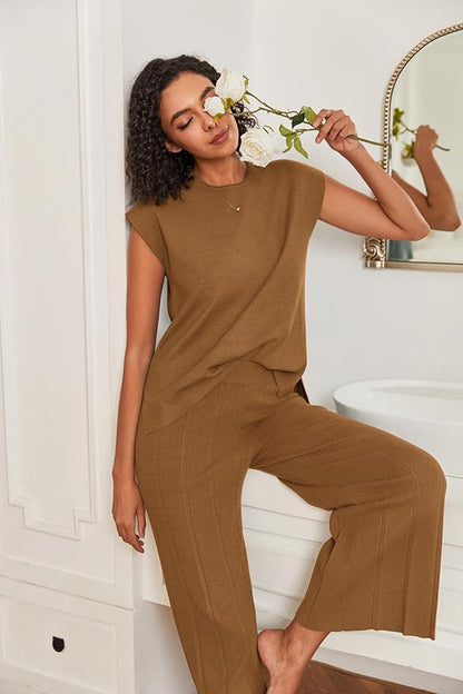 Ekouaer Lounge Sets for Women Two Piece Outfits Knit Cap Sleeve Tops Wide Leg Pleated Pants Casual Dressy Sweater Sets