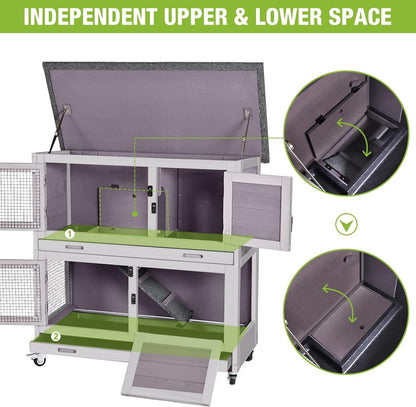 Rabbit Hutch Bunny Cage, Guinea Pig Cage Bunny Hutch Indoor, Wood Pet Cage with 4 Casters -2 Story & 2 Trays