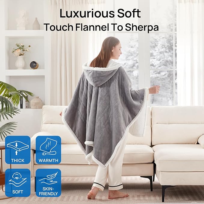 Westinghouse Wearable Heated Throw Blanket, Electric Heated Wrap Poncho Shawl