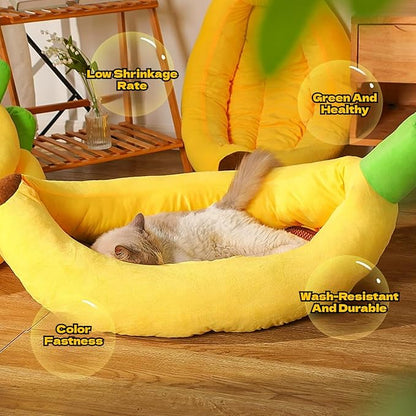 Banana Pet Bed for Small Dogs and Cats, Cozy Enclosed Calming Cave Bed with Removable Plush Cushion for Indoor Kittens Puppies Small Pets (Banana Bed + Bone Toy, Medium)