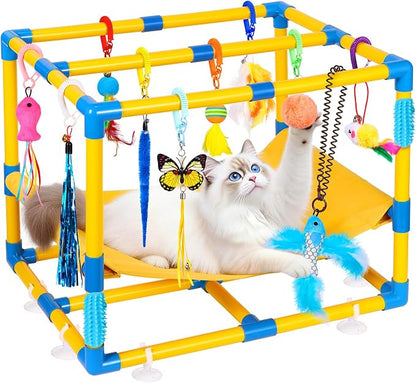 Cat Jungle Gym With Hanging Interactive Toys, Hammock Cat Activity Center | With Cat Self Groomer, Removable PVC Frame With Colored Spring Rope, Cat Enrichment Toys For Bored Indoor Adult Cats, Kittens