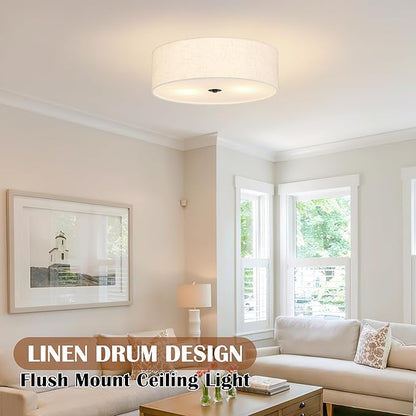 15.7 Inch 3-Light Drum Modern Black Ceiling Light Fixture Flush Mount Ceiling Light Fixture Dimmable Close to Ceiling Light Fixture with Fabric Shade for Living Room Hallway Entryway Bedroom