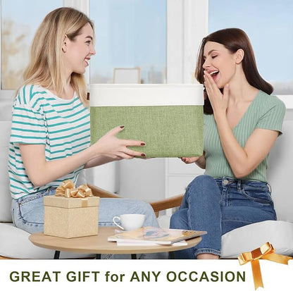 Storage Bins Large Fabric Storage Baskets for Shelves 3 Pack, Decorative Linen Closet Baskets with Handles for Organizing, Shelf, Clothes, Home, Office, 15x11x9.5Inches (Green&White)