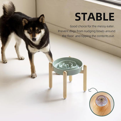 Havniva Elevated Slow Feeder Dog Bowls, Ceramic Dog Bowl Slow Feeder | 1.6 Cups Raised Slow Feeding Bowl for Medium Breed, Puzzle Dog Food Bowl with Wooden Stand, Non-Slip, Anti-Choking