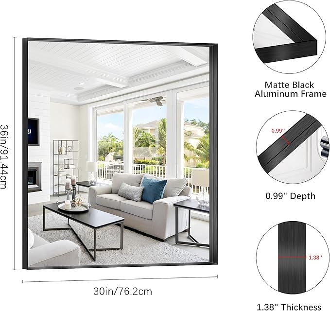 Black Bathroom Mirror, 30x36 Inch Rectangular Framed Mirror, Large Wall Mounted