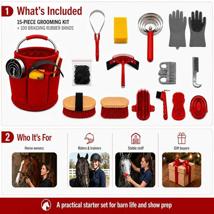 Horse Grooming Kit, 15-Piece Horse Brush Set with Red Tote Bag, Long Shedding Blade, Hoof Pick, Curry Comb, Sweat Scraper, Mane and Tail Comb, Gloves, Equine Grooming Supplies