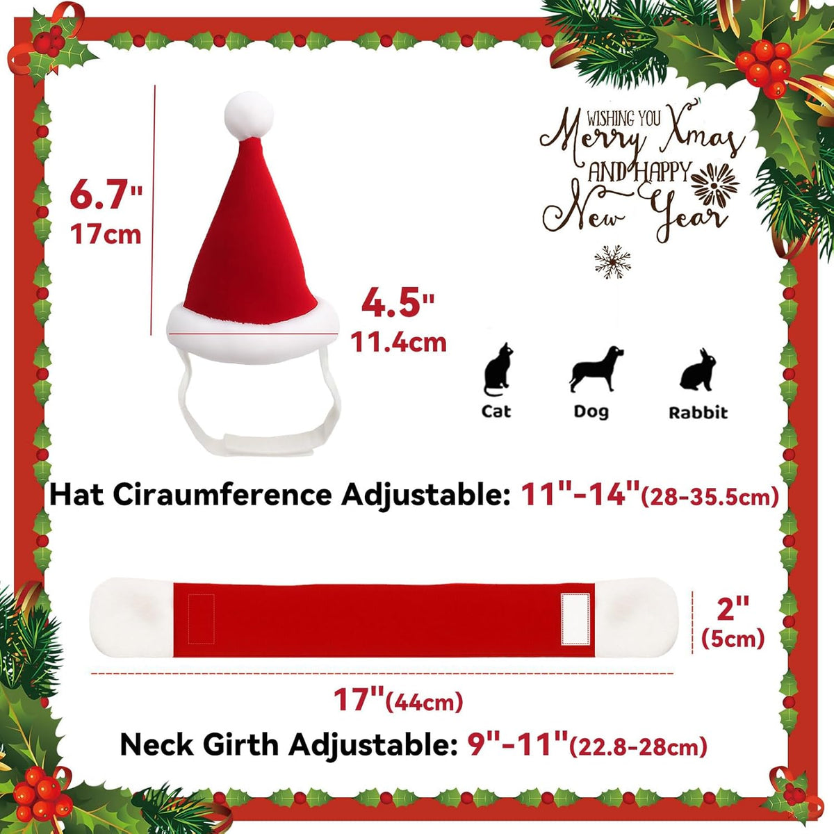 Enjoying Cat Christmas Costume, Santa Hat with Red Scarf for Cats Small Dogs, Rabbit Xmas Outfit, Pet Santa Claus Hat Scarf for Cold Day Head and Neck Warm, New Year Party Cosplay