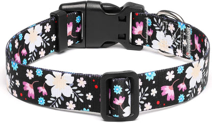 Mercano Adjustable Dog Collar - Special Design Patterns, Soft Nylon Comfortable Sturdy Pet Collar for Small Medium Large Dogs (M, Floral White)