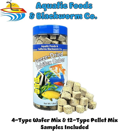 Aquatic Foods Inc. Tubifex Worms, Freeze Dried Tubifex Worm Cubes for Cichlids, Discus, Bettas, Marine Fish, Goldfish, Tropical Fish, 4-Type Wafer Mix & 12-Type Pellet Mix Included..1.80oz Canister