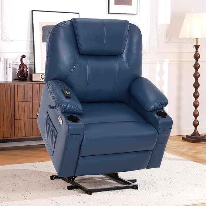 MCombo Oversized Power Lift Recliner Chair for Elderly, Lift Chair with Heat and Massage for Big and Tall, USB&Type C Ports, Cup Holders, Faux Leather R7510 (Blue, Large-Wide)