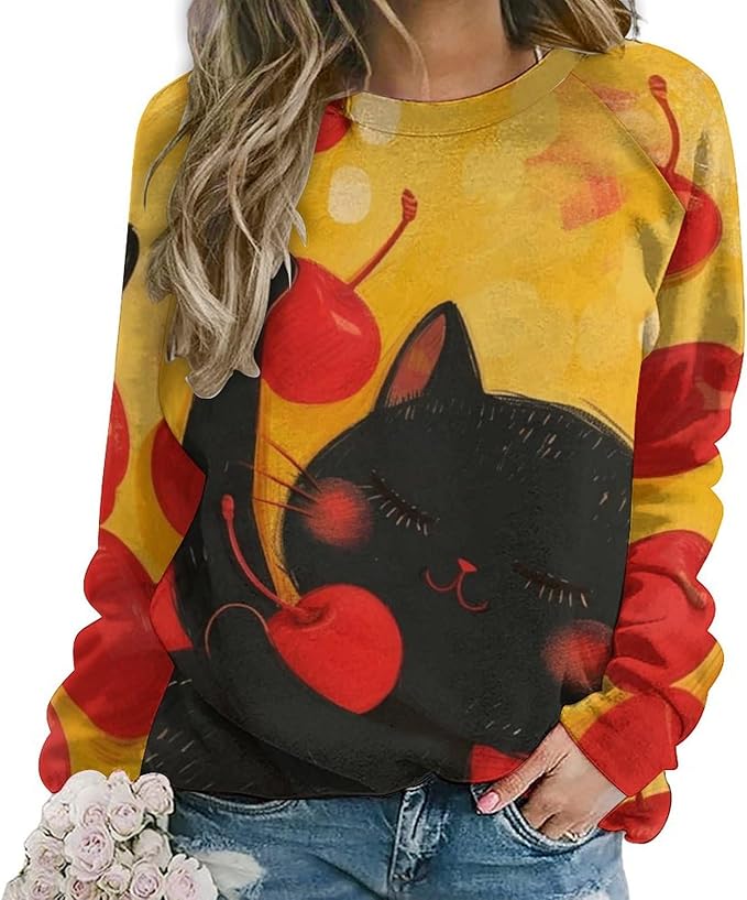 Long Sleeve Shirts for Women Cat Oil Painting Shirt 3D Graphic Sweatshirts Fall Pullover Crewneck Vintage Boho Tops