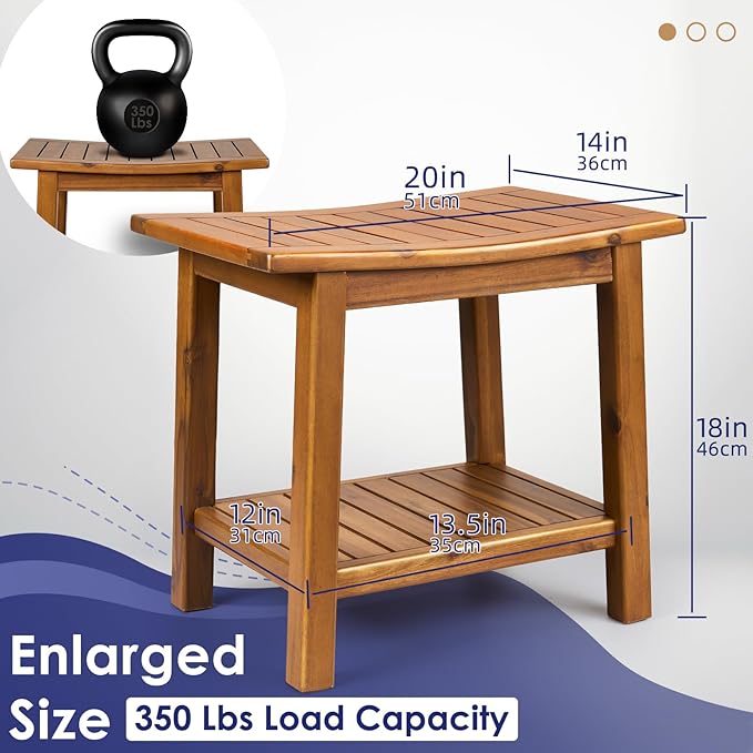 Teak Shower Bench, 20" Solid Wood Shower Stool Waterproof Shower Seat with Storage Shelf for Bathroom, Indoor & Outdoor Use