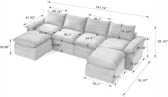 141.74" Sectional Couches for Living Room Modern Modular Sofa with U-Shape Couchs Upholstered Corduroy Boneless Couch Deep Seat Cloud Couch with Ottoman, No Assembly Required, Dark Gray