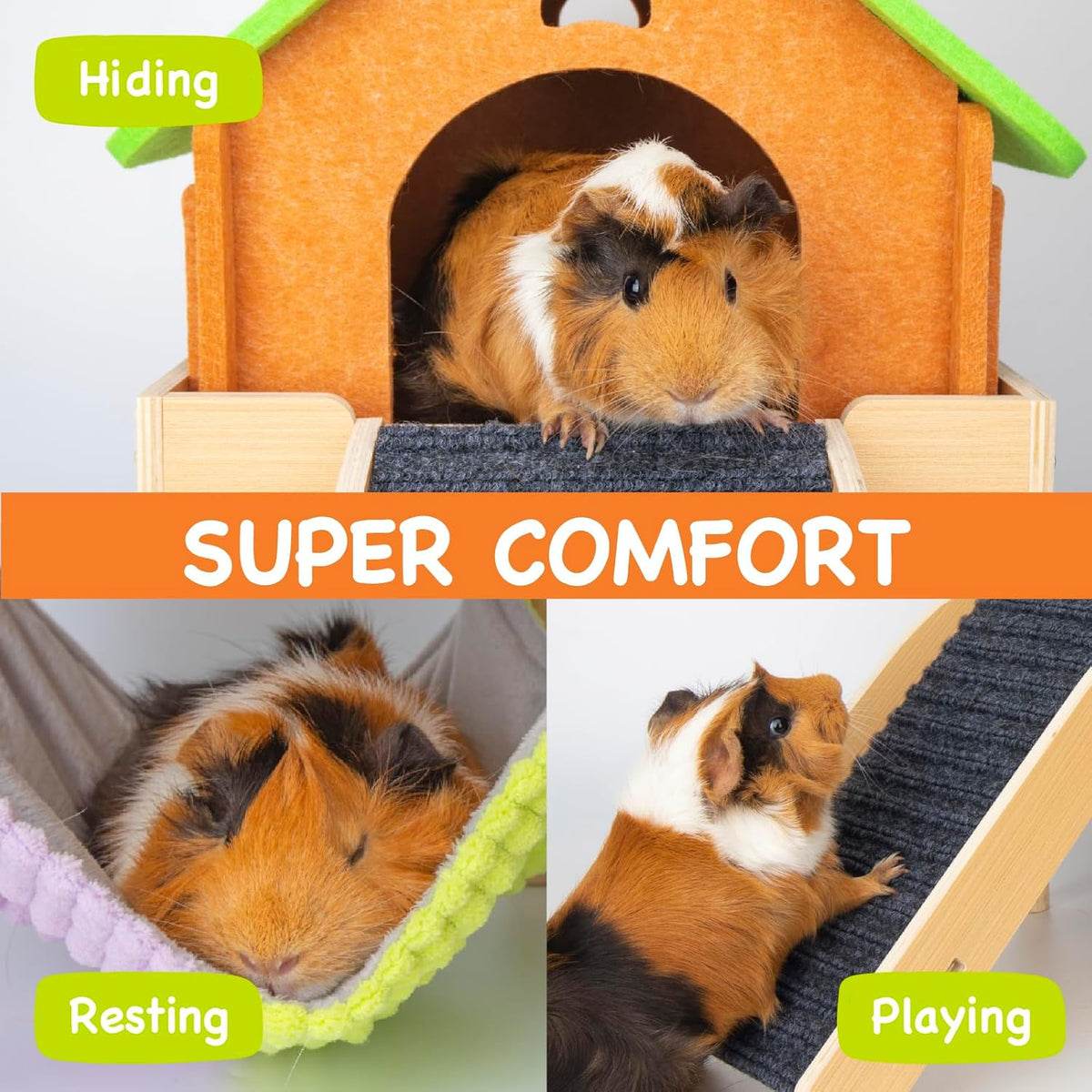 3 in 1 Enlarged Guinea Pig Hammock with House & Platform,Wooden Guinea Pig Hideout with Hammock & Stairs Small Animal Toys for Hiding Sleeping Activities