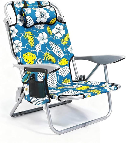 Canpsky Portable Beach Chair for Adults, Outdoor Camping Chair Lay Flat Folding Backpack Beach Reclining Chair with 5 Positions, Headrest, Cup Holder, Heavy Hawaiian Style
