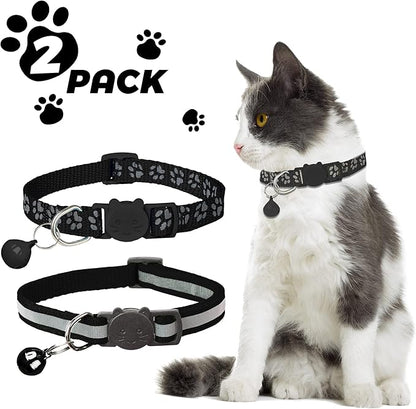 BANMODER 2 Pack Reflective Cat Collar Breakaway with Bell,Personalized Kitten Collars,Adjustable Safety Buckle Collar for Male Cats Girls & Boys (Black)