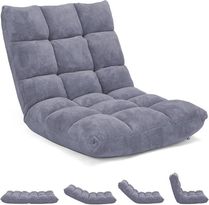 Folding Floor Chair w/Back Support, 14-Position Adjustable Lazy Sofa Chair w/Coral Velvet Fabric & Alloy Steel Frame, Portable Meditation Chair for Reading, Gaming,Sleeping (Grey)