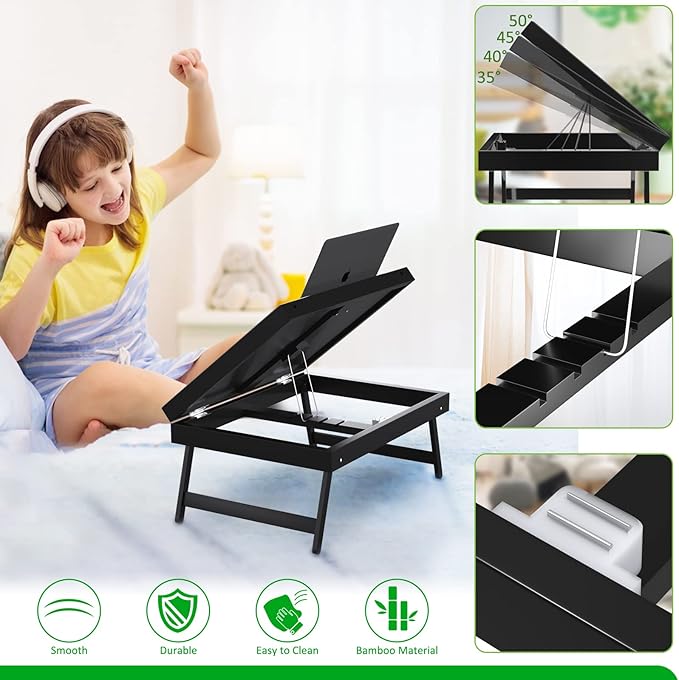 Artmeer Bed Tray Table Breakfast Food Tray with Folding Legs Serving Tray for Laptop Desk, Sofa,Platters,TV,Snack,Eating Tray(Black, Medium)