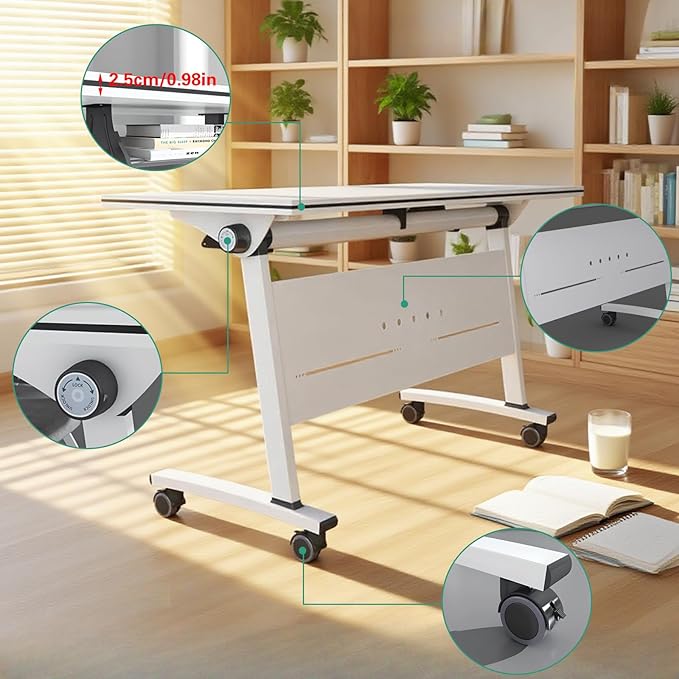 Folding Conference Room Tables, Flip Top Mobile Training Table with Wheels, Mobile Dynamic Meetings Training Tables, Portable Office Executive Desk, Rolling Seminar Meeting Table (3, White, 47.2in)