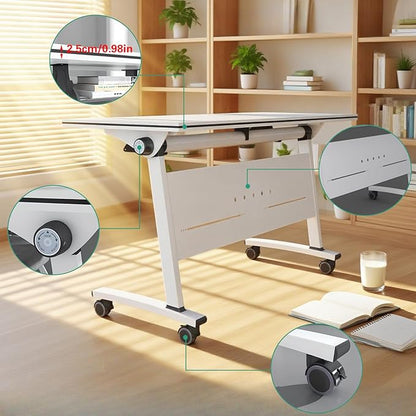Folding Conference Room Tables, Flip Top Mobile Training Table with Wheels, Mobile Dynamic Meetings Training Tables, Portable Office Executive Desk, Rolling Seminar Meeting Table (3, White, 47.2in)